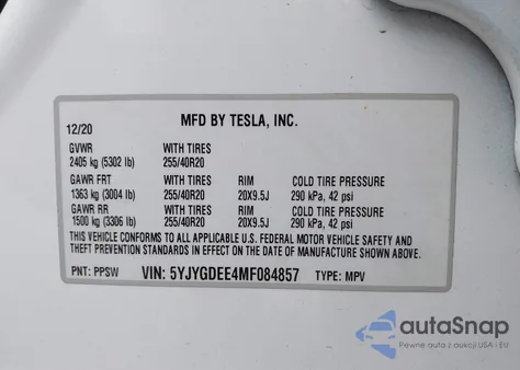 2021 Tesla Model Y Long Range Dual Motor All-Wheel Drive z USA, uszkodzony, nr VIN 5YJYGDEE4MF084857